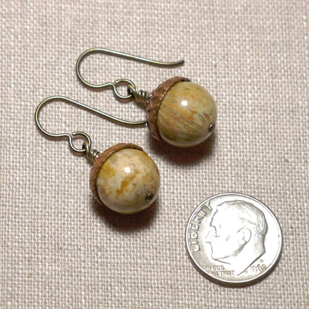 Hand Crafted Handmade Earrings Jasper & Copper Brown Acorn Earrings - Picture 3 of 4